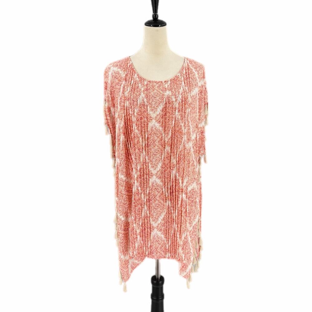 Chico’s S/M Coral Cream Tassel Side Boho Ikat Crinkle Pleat Summer Poncho Tunic
